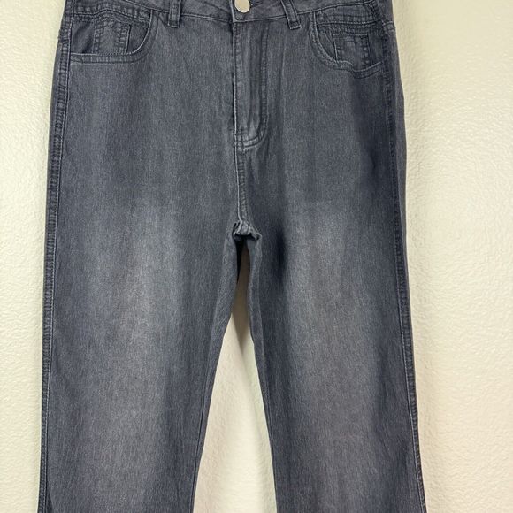 Women’s High Waisted Flare Leg Stretch Faded Black Gray Denim Jeans Medium - Picture 5 of 12